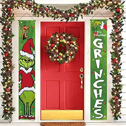 Grinch Christmas Decorations Door Banner Hanger Grinchmas Porch Sign Merry Xmas