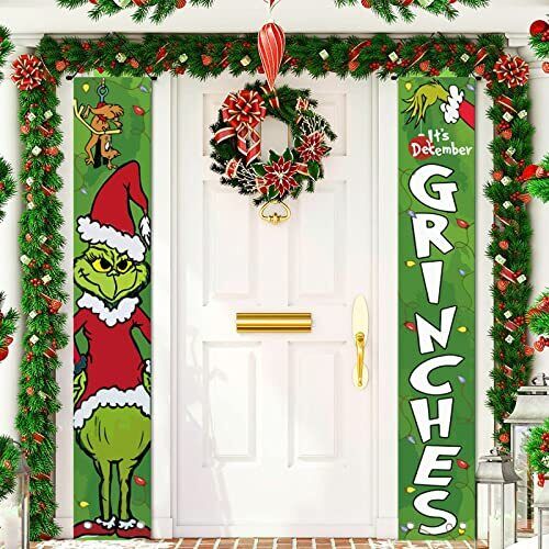 Grinch Christmas Decorations Door Banner Hanger Grinchmas Porch Sign Merry Xmas