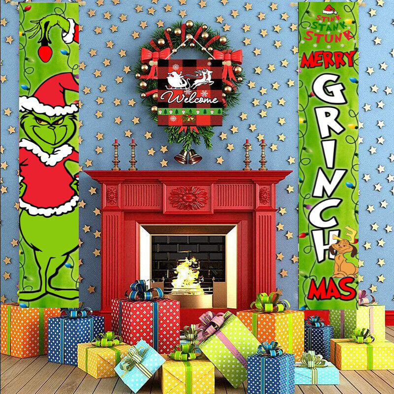 Grinch Christmas Decorations Door Banner Hanger Grinchmas Porch Sign Merry Xmas