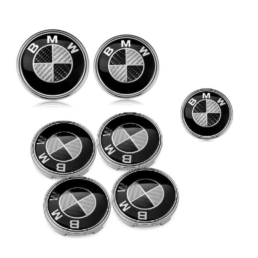 BMW 7PC Carbon fiber Black Hood Truck Wheel Steering Emblem