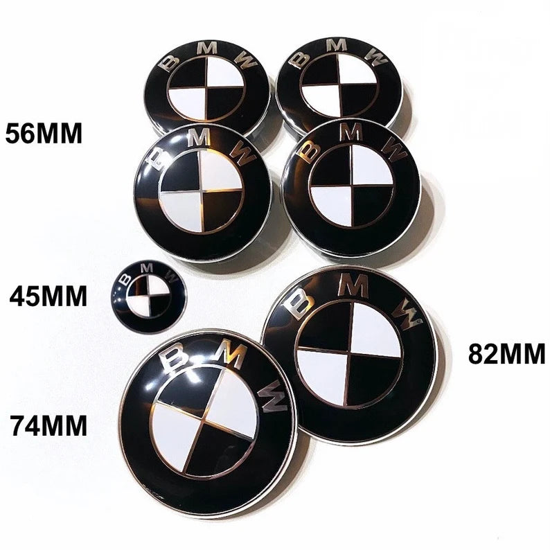 BMW 7PC Black White Hood Truck Wheel Steering Emblem Name Badge